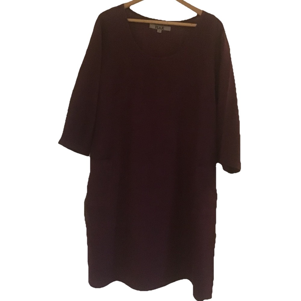 Flax Linen Dress 3/4 Sleeve Pockets Lagenlook Oversized Midi Sz Lg Maroon Fall